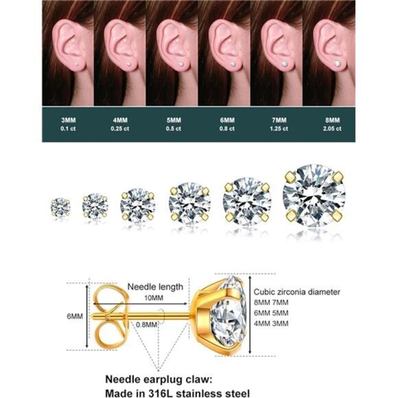 6 Pairs Stud Earrings Set, Hypoallergenic Cubic Zirconia 316L Earrings 316L - Picture 4 of 7